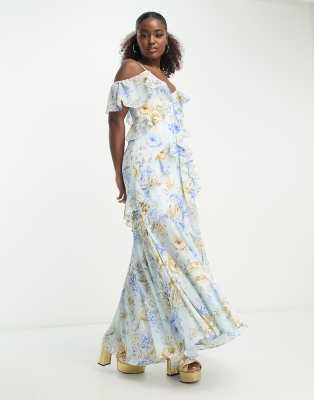 Ever New off shoulder maxi dress In blue floral | ASOS