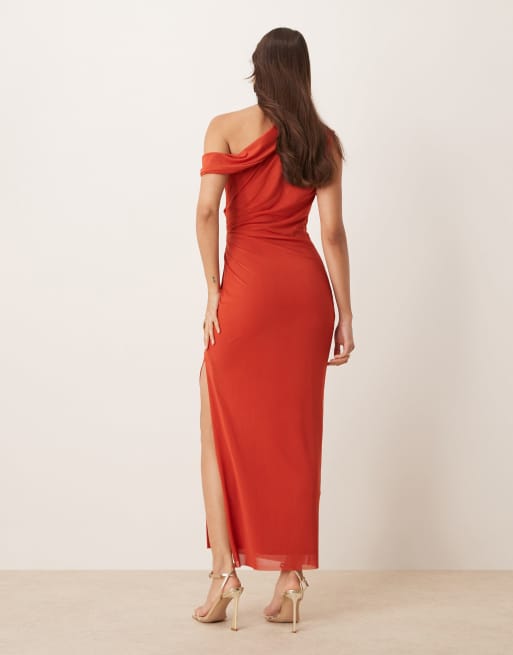 Ever New off shoulder midaxi ruched dress in deep red, 3 of 4