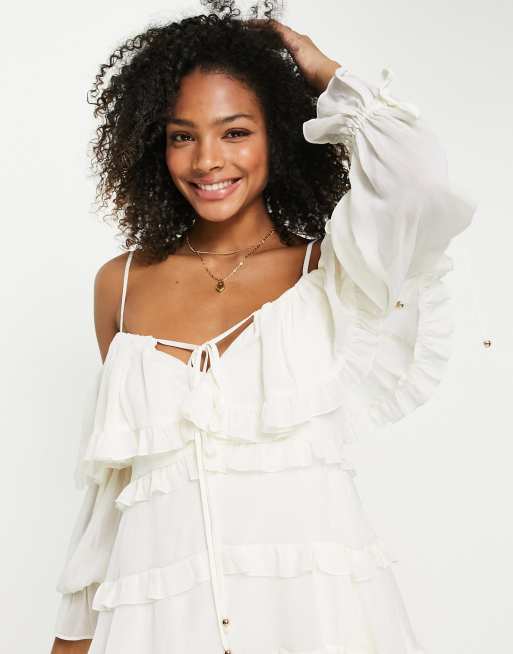 Ever New off shoulder ruffle mini dress with tiered sleeve in white