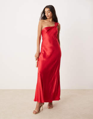 off shoulder satin midaxi dress in red