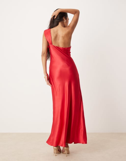 Ever New off shoulder satin midaxi dress in red | ASOS