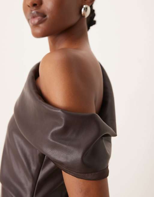 Ever New off the shoulder PU mini dress in chocolate, 3 of 4