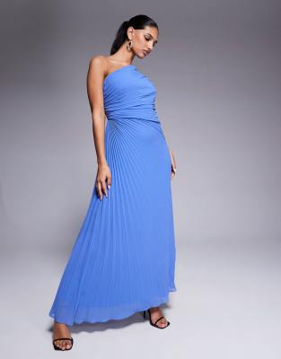 one shoulder pleated maxi dress in blue