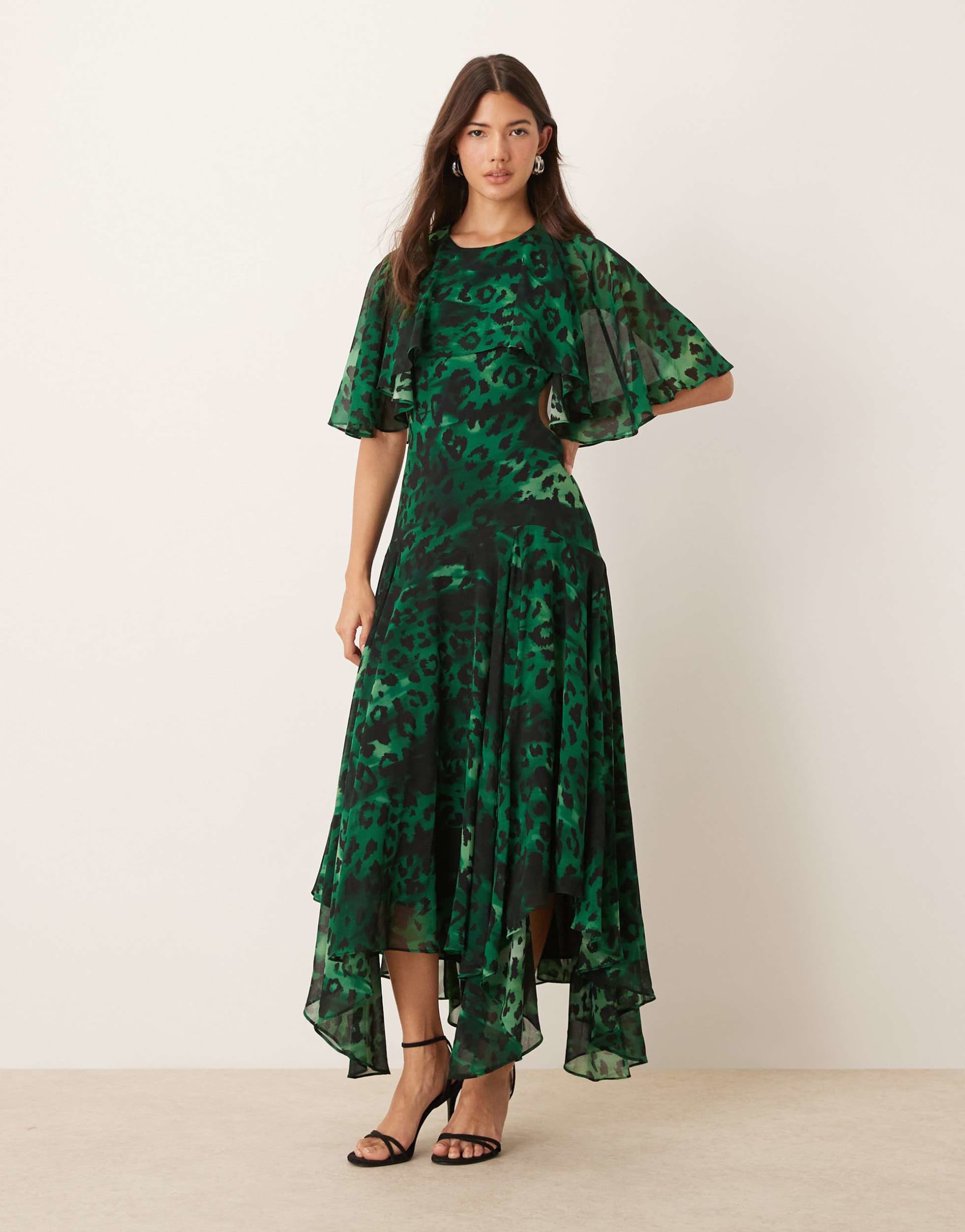 ever new open back ruffle maxi dress in emerald leopard