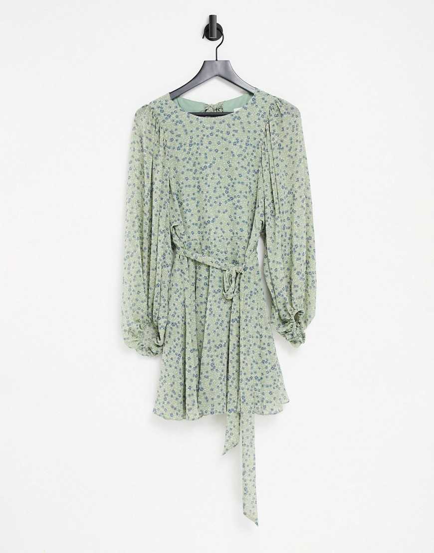 Ever New open back volume sleeve mini dress with tie waist in green ditsy floral-Multi