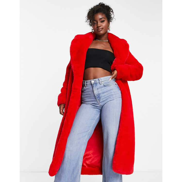 Patterned red faux fur coat