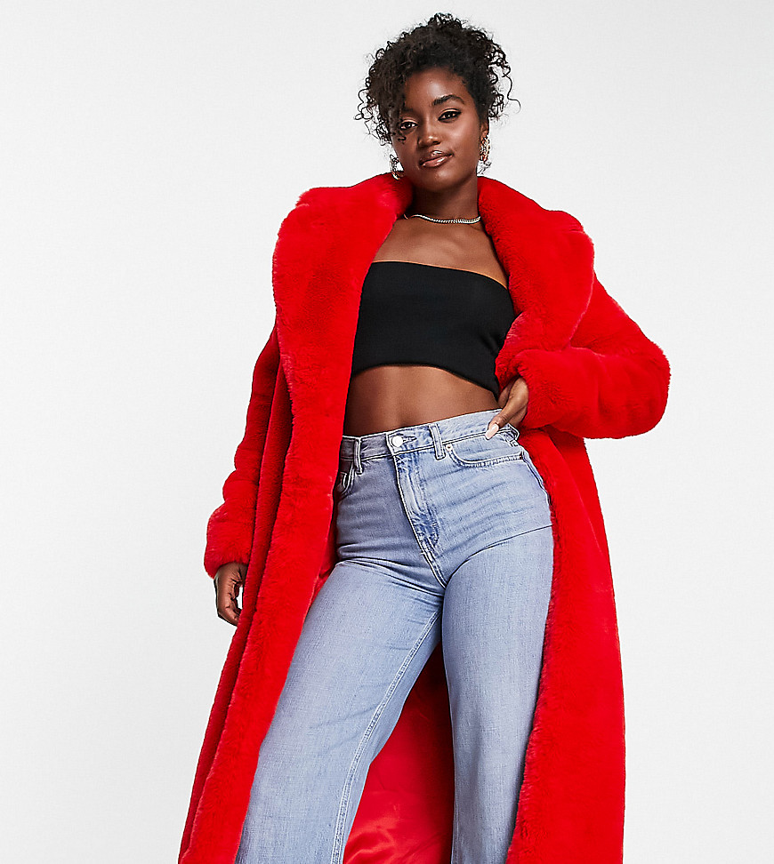 Ever New oversized faux fur midi coat in pillarbox red