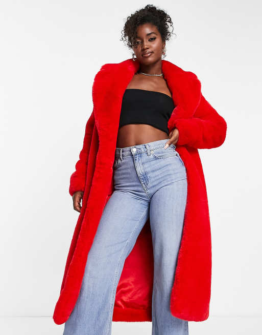 Ever New oversized faux fur midi coat in pillarbox red