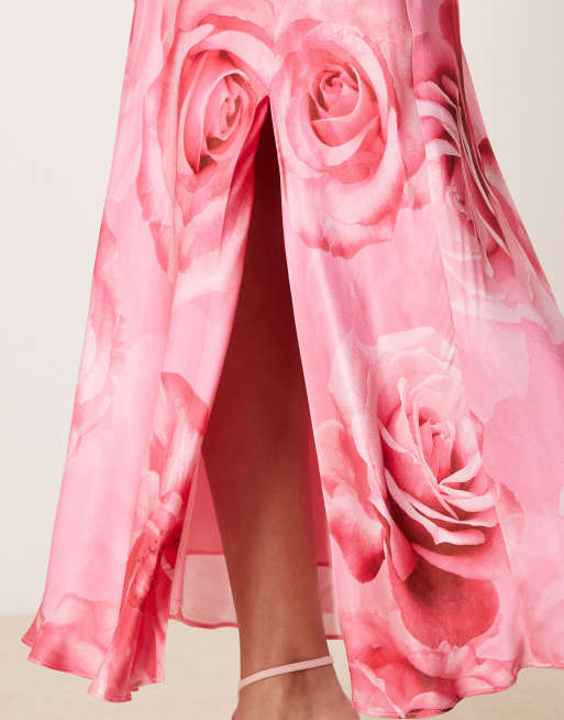 Ever New oversized rose print satin slip maxi dress in bright pink, 3 of 4