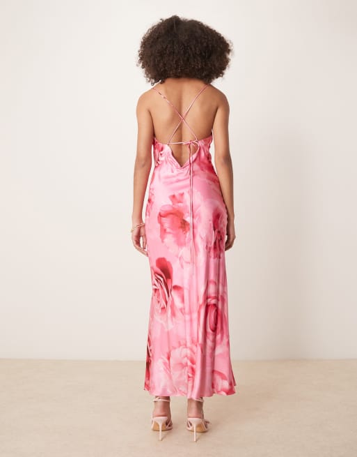Ever New oversized rose print satin slip maxi dress in bright pink, 4 of 4