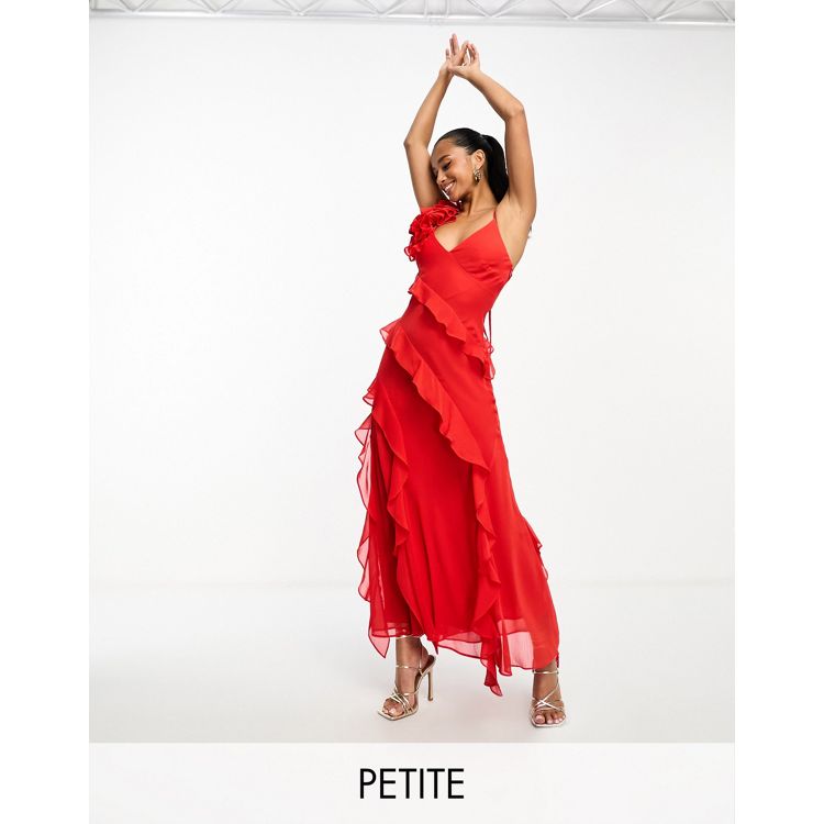 Ever New Petite asymmetric ruffle rosette maxi dress in red | ASOS