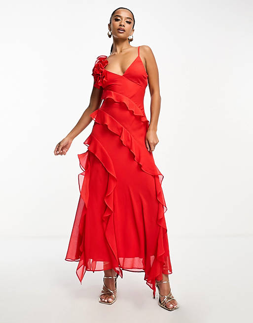Ever New Petite asymmetric ruffle rosette maxi dress in red