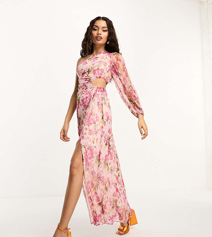 asymmetrical one sleeve maxi dress in pink and purple floral