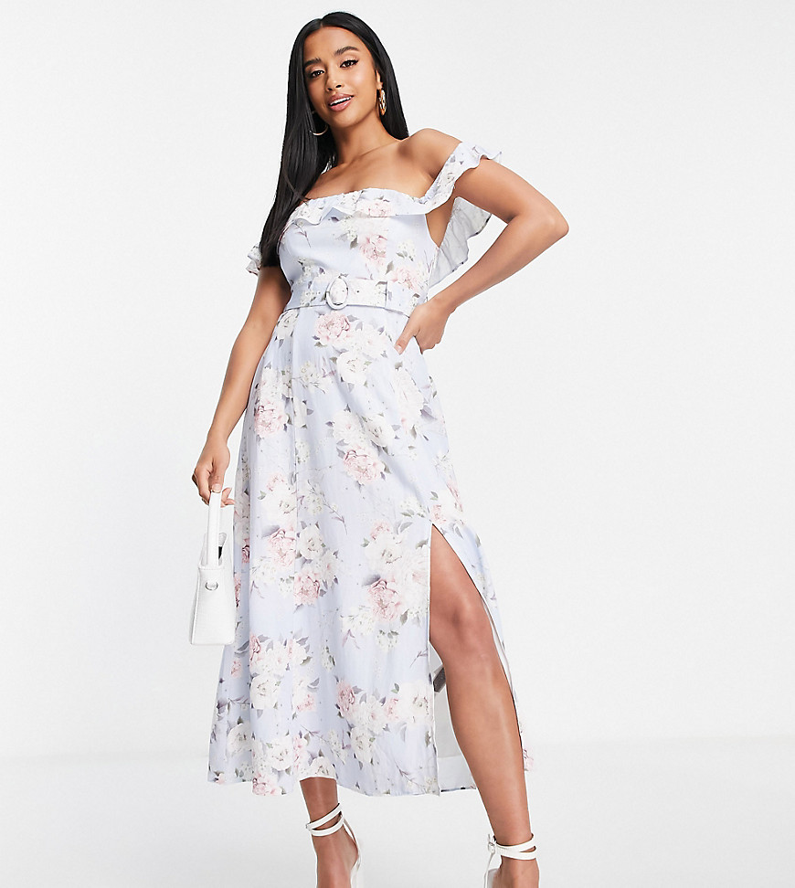 Forever New Petite Ever New Petite Bardot Belted Midi Dress In Light Blue Floral-green