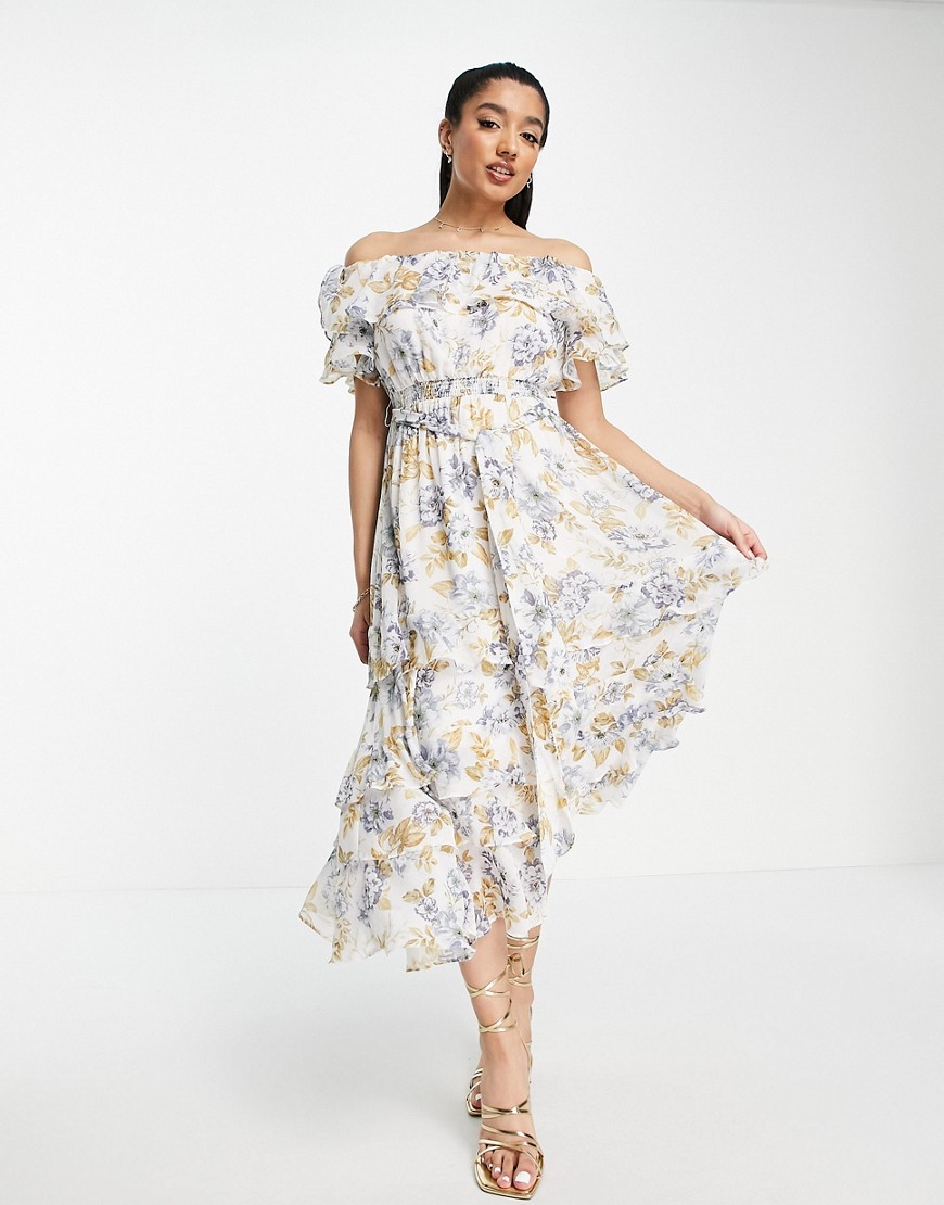Forever New Petite Ever New Petite Bardot Frill Midi Dress In Blue Floral