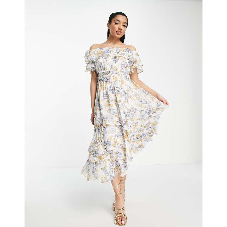 Forever New off shoulder maxi dress In blue floral