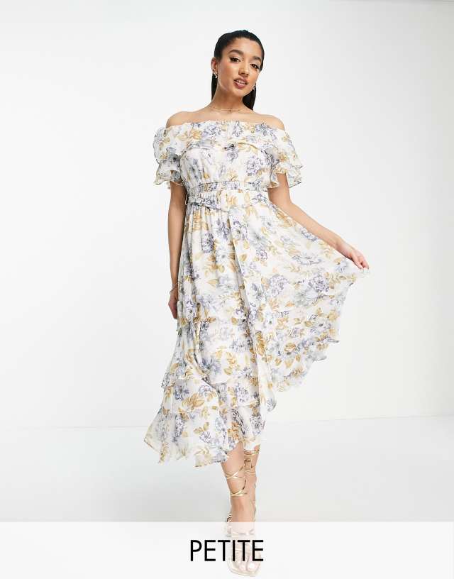 Ever New Petite bardot frill midi dress in blue floral