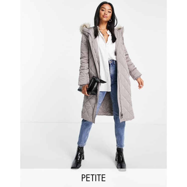 Ever New Petite belted quilted puffer coat with faux fur hood trim