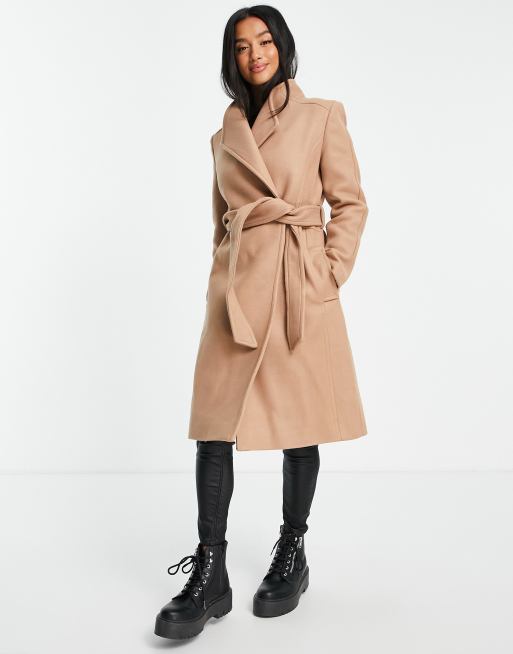 Women's Wide Collar Wrap Coat - Short-Length - Camel Small / Camel