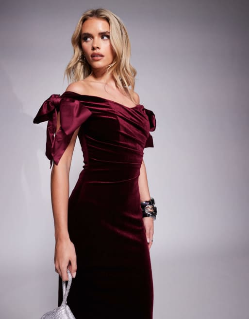 Ever New Petite bow draped velvet maxi dress in oxblood | ASOS