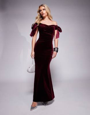 bow draped velvet maxi gown in oxblood-Red