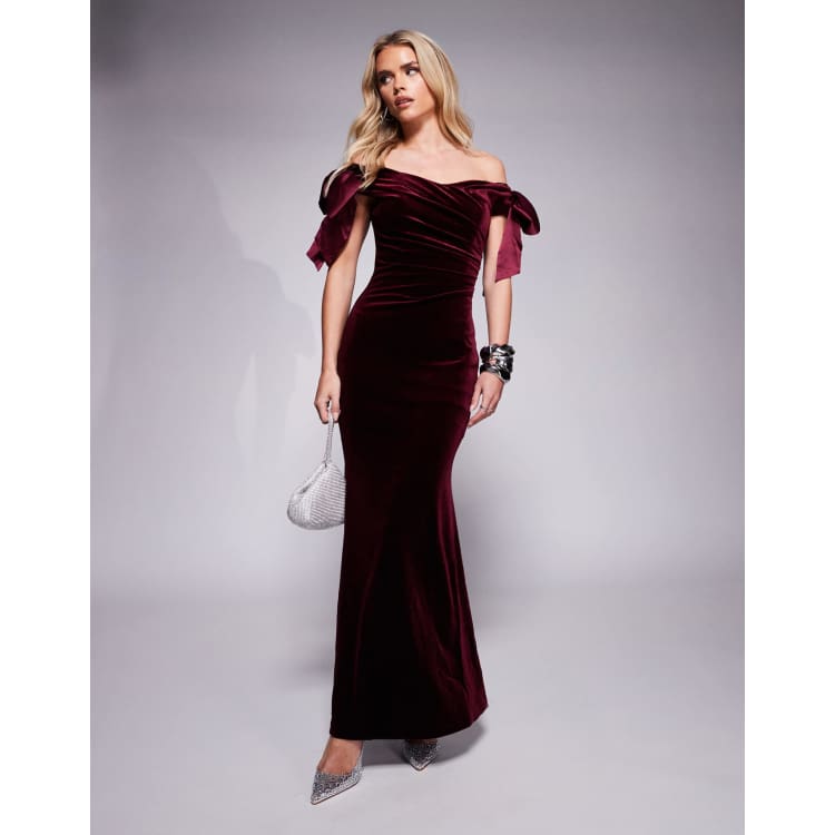 Ever New Petite bow draped velvet maxi gown in oxblood | ASOS