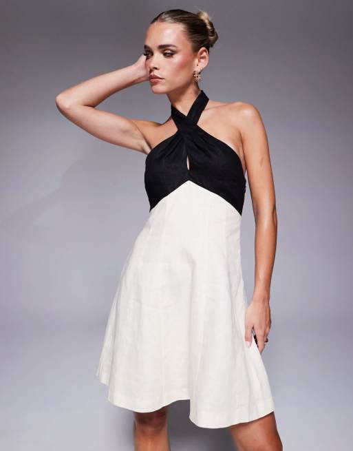 Ever New Petite contrast halter neck mini dress in monochrome