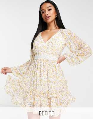 Forever New Petite Ever New Petite Contrast Lace Open Back Mini Dress In  Yellow Floral | ModeSens