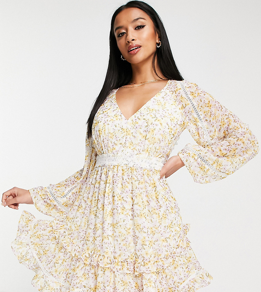 Forever New Petite Ever New Petite Contrast Lace Open Back Mini Dress In Yellow Floral