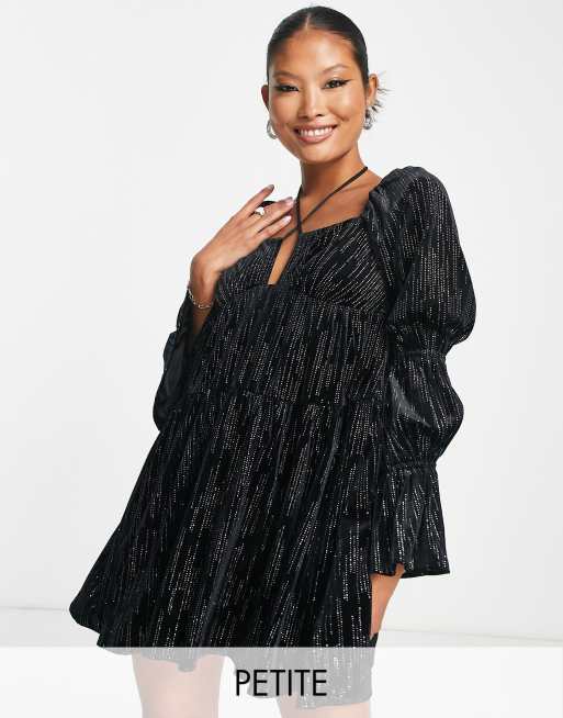 Ever New Petite cross front keyhole mini dress in black crushed velvet | ASOS