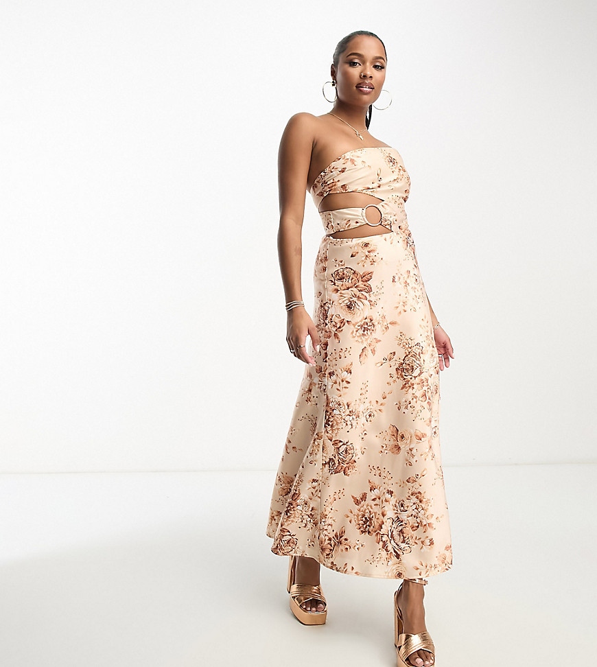 Ever New Petite cut out maxi dress in brown floral satin