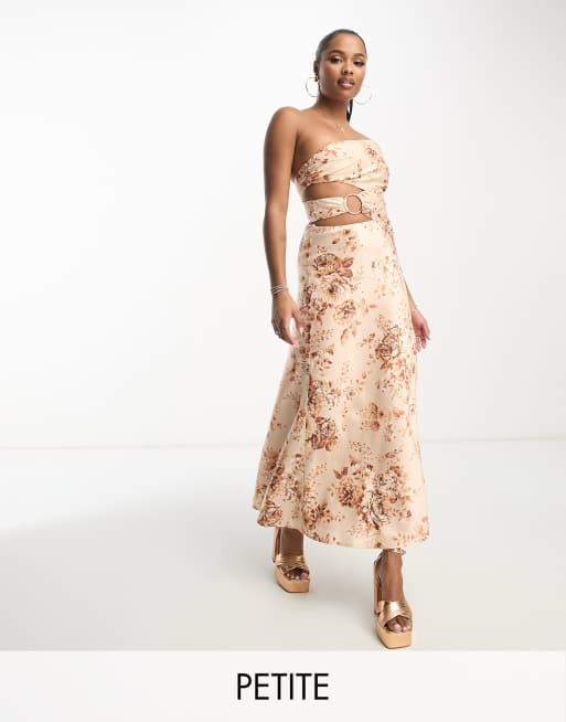 Ever New Petite cut out maxi dress in brown floral satin