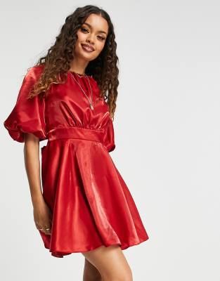 red satin ruffle dress