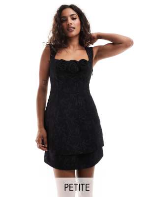 double layer jacquard mini dress in black