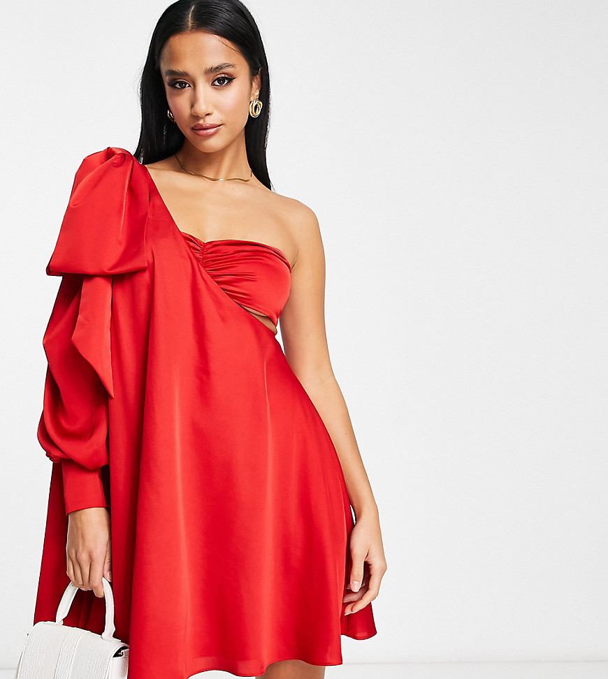 drape bow shoulder mini dress in red