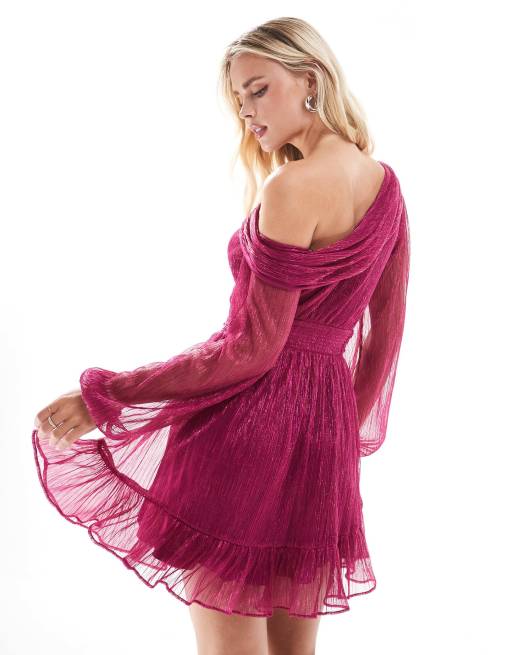 Ever New Petite drop shoulder plisse mini dress in pink | ASOS