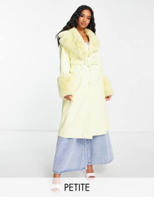 Ever New Petite faux fur belted PU coat in pastel yellow