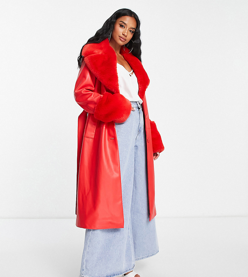 Ever New Petite faux fur belted PU coat in pillarbox red
