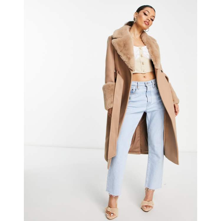 Ever New Petite faux fur midi coat in camel