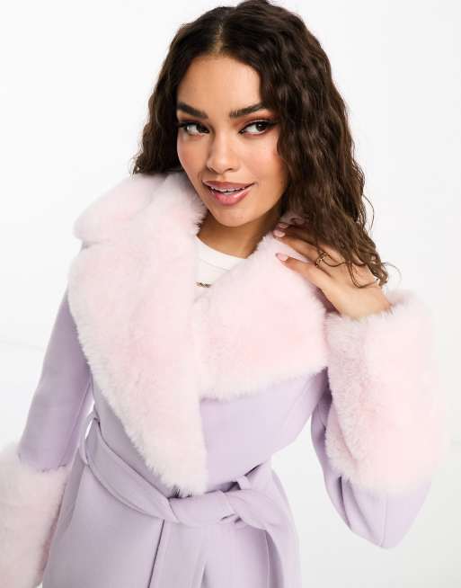 Ever New Petite faux fur midi coat in lilac, 3 of 4