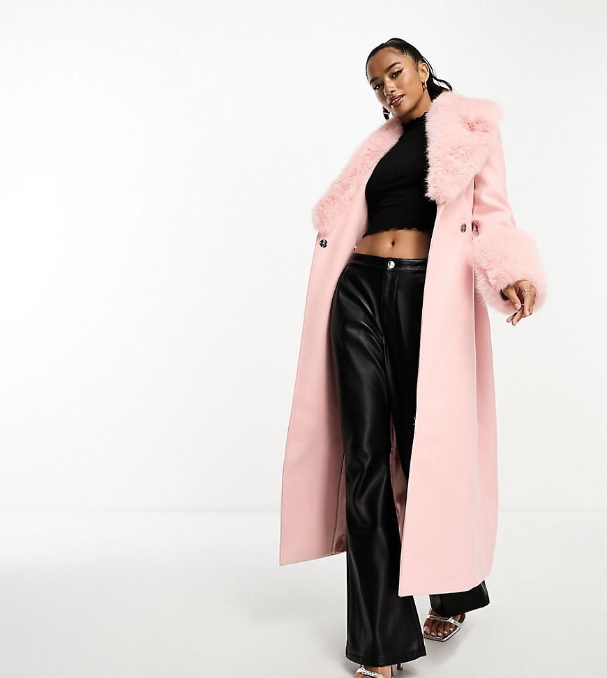 Ever New Petite Faux Fur Trim Maxi Coat In Baby Pink