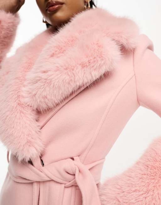 Ever New Petite faux fur collar coat with cuffs in pink - ShopStyle