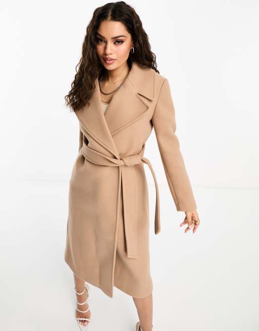 Women's Wide Collar Wrap Coat - Short-Length - Camel Small / Camel