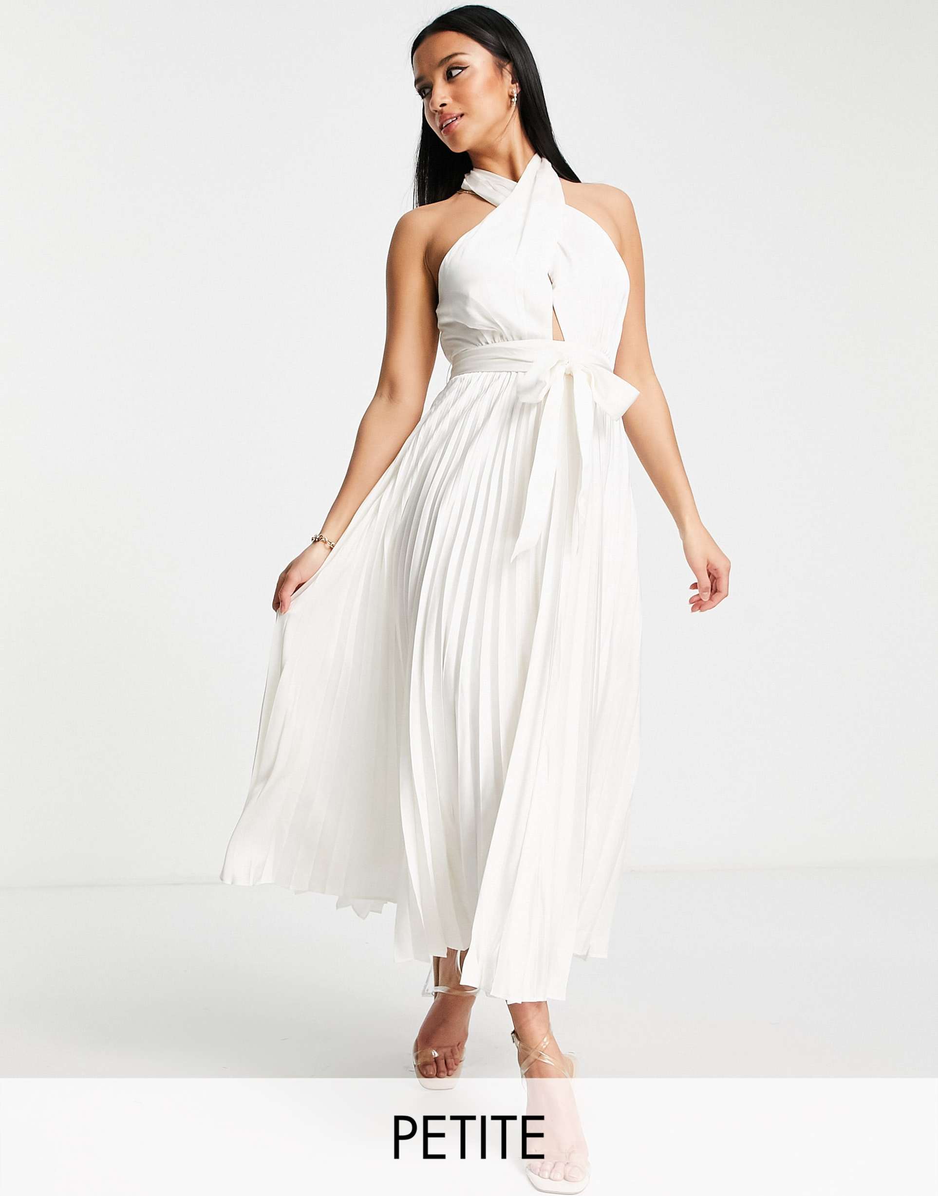 ever new petite halter neck pleated midi dress in white