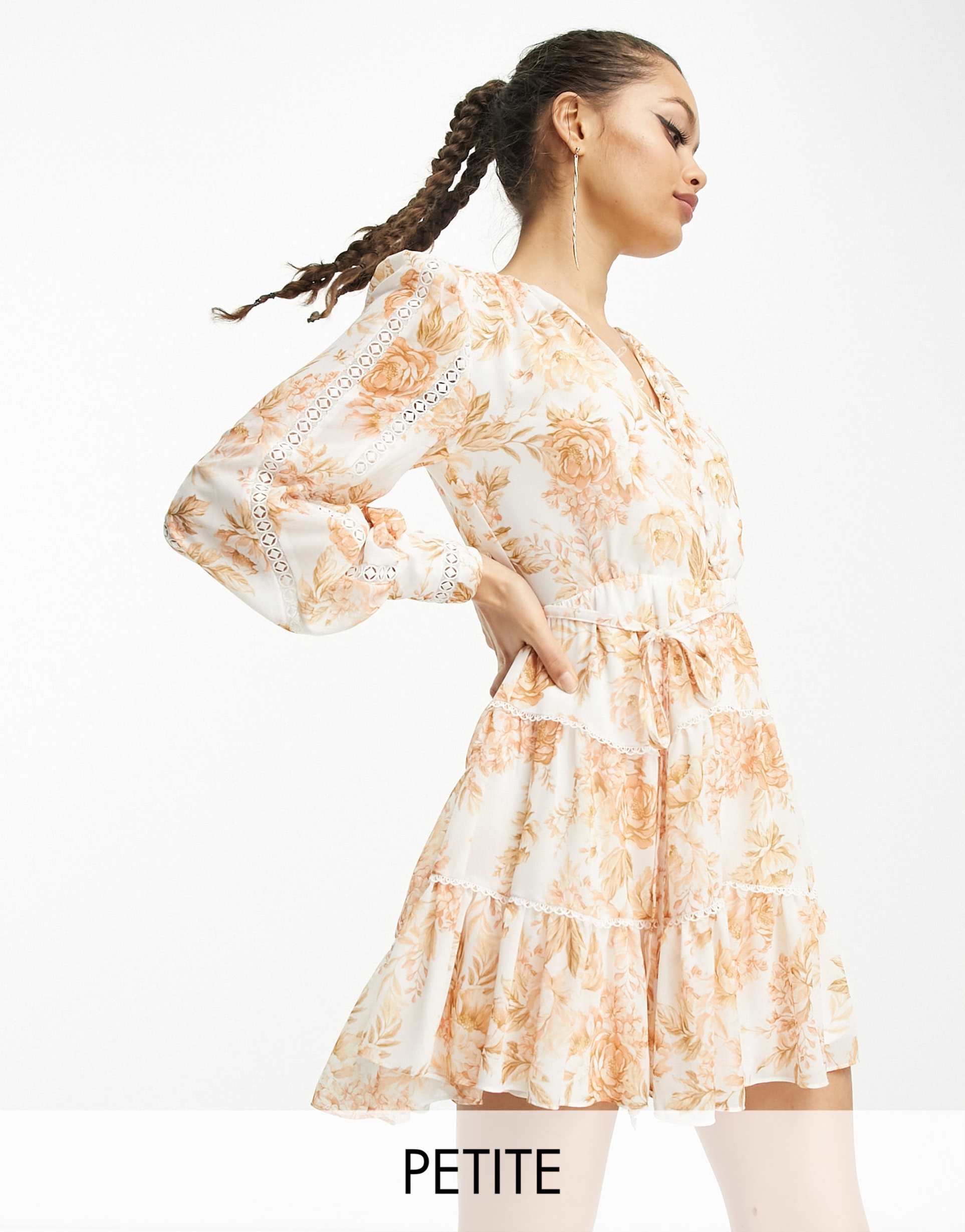 ever new petite lace insert mini dress in apricot floral