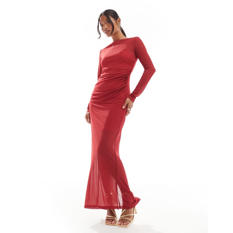 Ever New Petite long sleeve mesh maxi dress in red ASOS