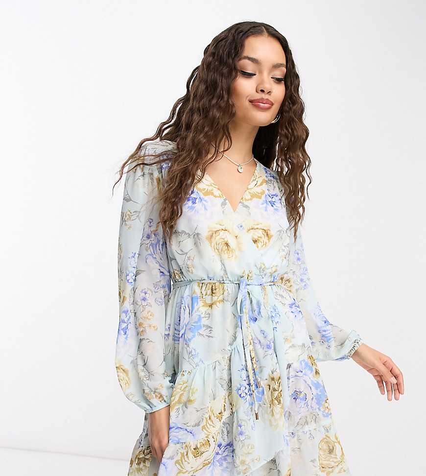 Ever New Petite long sleeve mini dress In blue floral