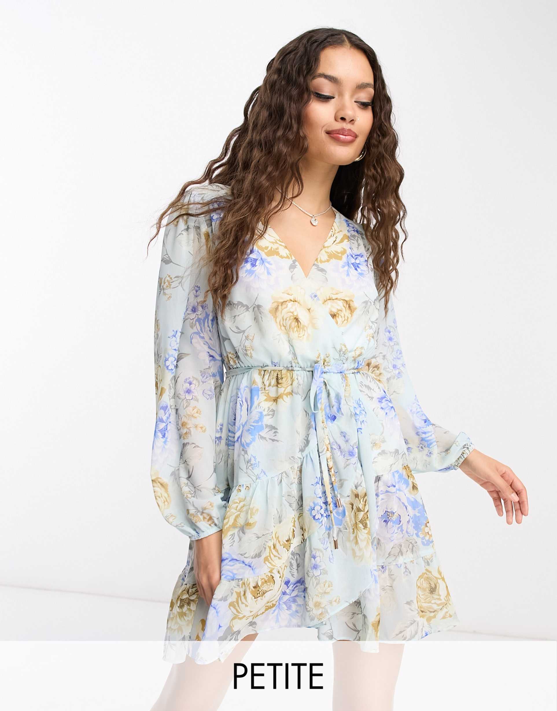 ever new petite long sleeve mini dress in blue floral