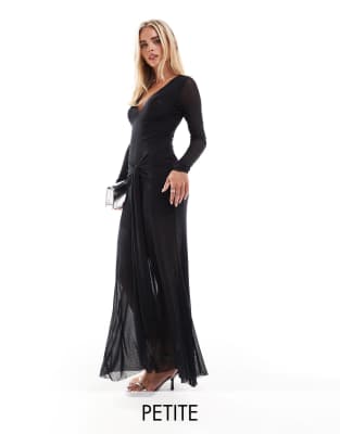 long sleeve plunge hotfix maxi dress in black