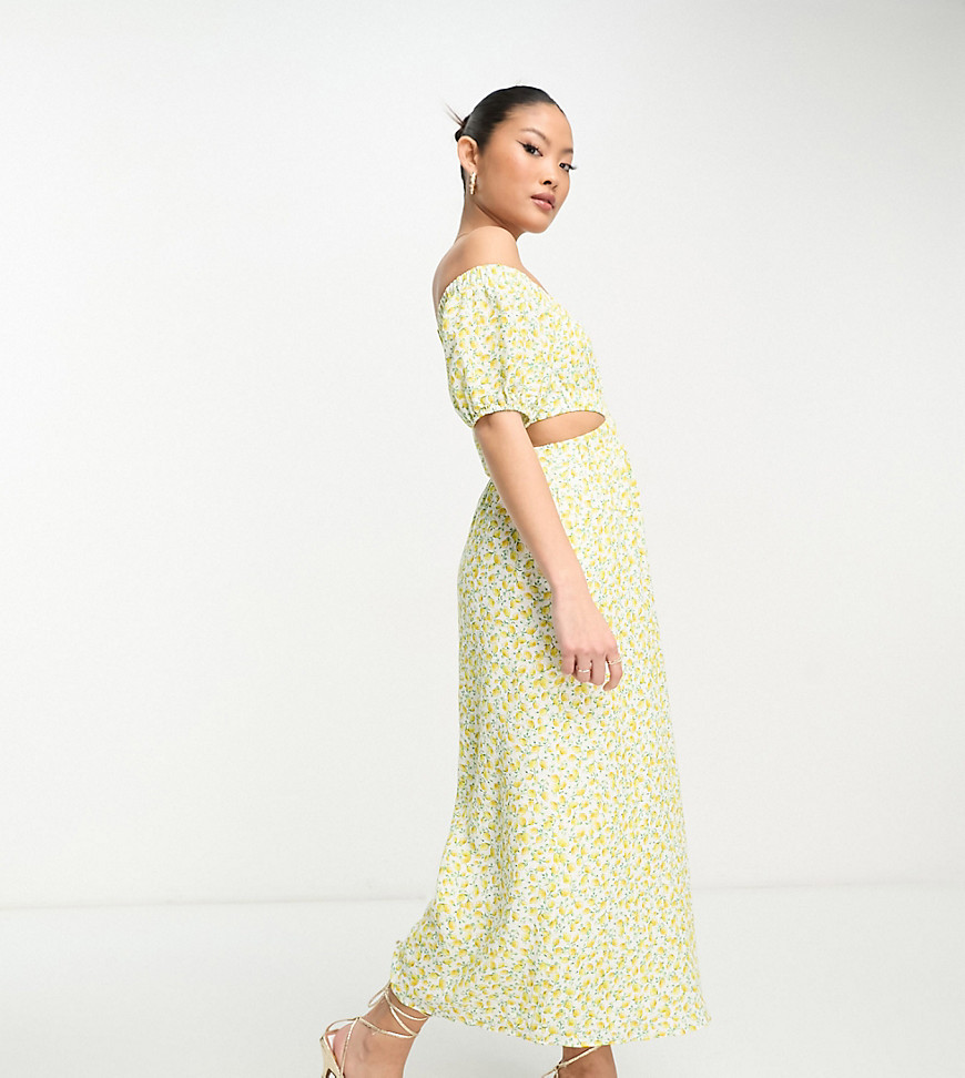 off-shoulder maxi dress in lemon floral-Yellow
